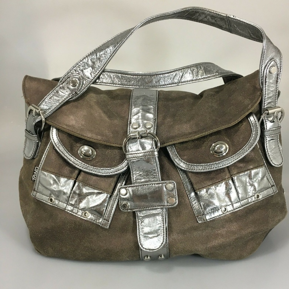 Tano Gray Crackly Silver Patent Leather Handbag
